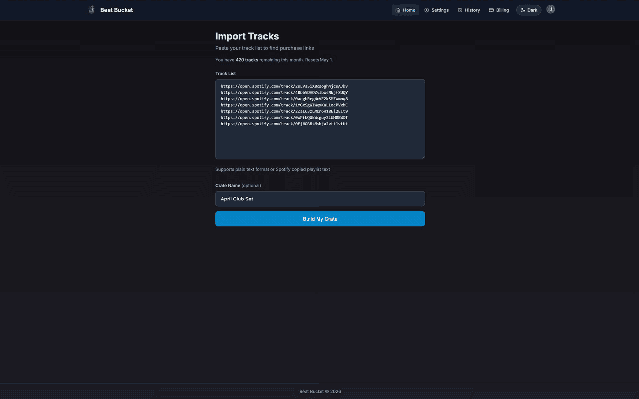 Beat Bucket import page with Spotify links pasted in