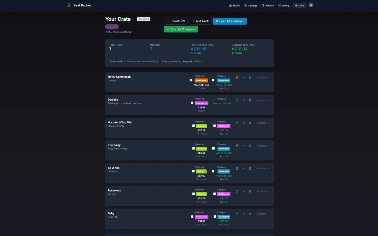 Beat Bucket results page with matched tracks and prices