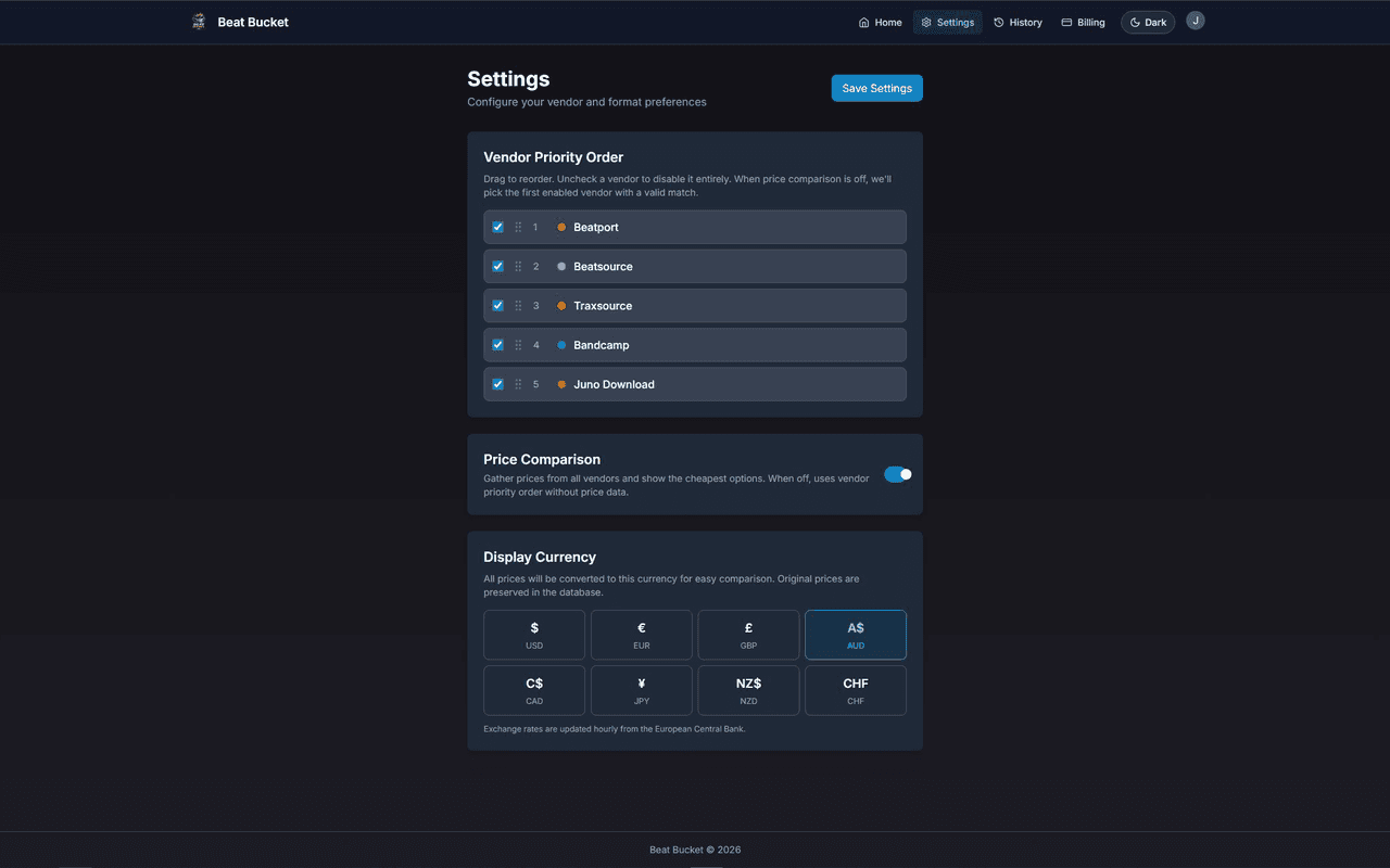Beat Bucket settings showing vendor priority order and price comparison toggle